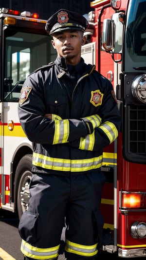 Handsome Young Black Firefighter: A strong and heroic young black firefighter in his early 30s, wearing full firefighting gear, standing proudly beside a fire engine at the station.