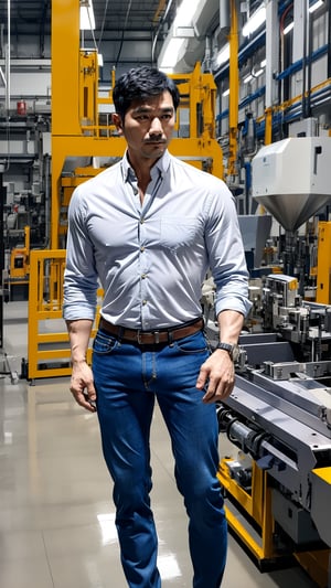 Handsome Middle-aged Asian Engineer: A meticulous middle-aged Asian engineer in his mid-40s, dressed in a casual button-down shirt and tight jeans with a long medium bulge, inspecting machinery in a high-tech manufacturing facility.