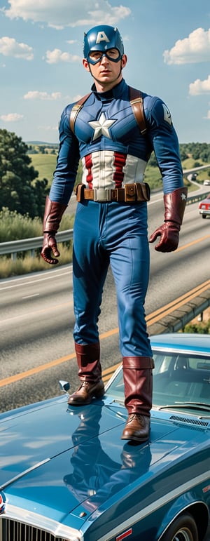 masterpiece, realistic hires photo, 1boy, Chris Evans,  wearing 70s captain america suit,  70s street , standing on the top of a car, highway, speeding, highly detailed , VTWXL
