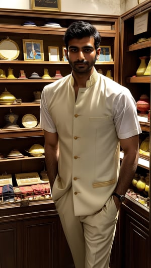 Handsome Young Indian Store Manager at the Taj Mahal: A charismatic young Indian man in his early 30s, dressed in smart casual attire, managing a souvenir shop near the iconic Taj Mahal.




