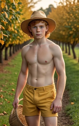 (best quality, 4k, 8k, highres, masterpiece:1.2), ultra-detailed, 1boy portrait of a handsome young Celtic farmer, wearing yellow tight shorts, shirtless, in autumn orchard, autumn, fall, fall leaves, sunset, golden hour, (ginger hair:1.3), straw hat, shiny hair, glossy hair, (freckles:1.3), beautiful green-eyes, atmospheric, ultra detailed, hyper realistic, (depth of field:1.3),Bokeh,Chiaroscuro Lighting Style