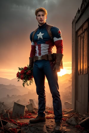 Photo of Chris Evans as a Captain America, good looking, messy blond hair, blue eyes, Athletic, muscular, masculine, standing on the abandoned broken spaceship, full body, sunset after rain, epic background, dramatic lighting, twilight portrait, masterpiece, best quality.,bulge. HDR. mysterious. fog. fire. war. zombies. sunset from top right. detailed beautiful eyes, grabbing withered roses on his right hand. graveyard. tombs.