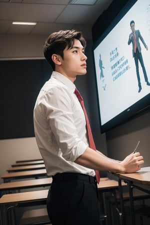 A dedicated handsome 30yo slim fit teacher in a classroom, doing presentation in front of a projection screen while students attentively listen. low-angle front view, full of confidence, masculine pose. bulge.