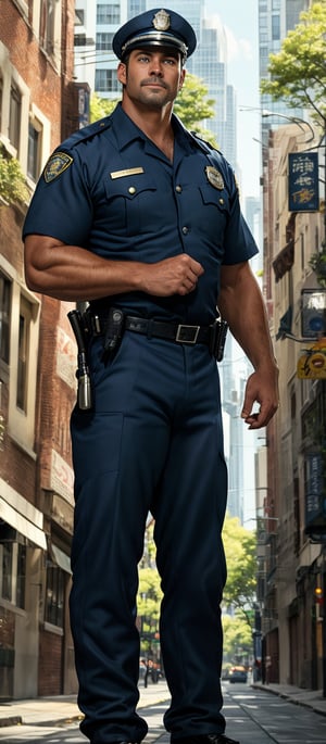 Handsome Middle-aged Asian Police Officer: A strong middle-aged Asian man in his late 30s, wearing a police uniform, patrolling a busy urban neighborhood. bulge.