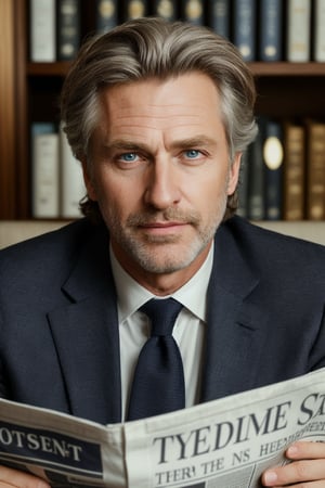 photorealistic,  man with salt-and-pepper hair, darkblue eyes, 50 years old, wearing a tailored suit and reading a newspaper in a luxury hotel lubby. Detailed Art, symmetrical, soft lighting, detailed face, sexy wink, Movie Still,Detailedface,Detailedeyes,Realism