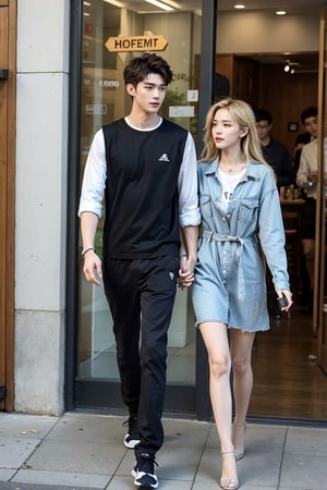 (1boy & 1gril), masterpiece, best quality, highly detailed character, 1boy, A handsome 20yo man is walking to a coffee shop. 1girl, a cute 16 high school blond girl is waiting for him at the front door. London street. male focus.