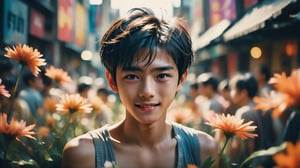 cinematic film still (masterpiece, best quality, ultra realistic, 32k, RAW photo, detailed skin, 8k uhd, high quality:1.2), abstract expressionist painting oversaturated, burned, light leak, expired film, photo of a handsome black-hair boy smiling crowded by busy flowers . energetic brushwork, bold colors, abstract forms, expressive, emotional, japanese_girl . shallow depth of field, vignette, highly detailed, high budget, bokeh, cinemascope, moody, epic, gorgeous, film grain, grainy,FilmGirl