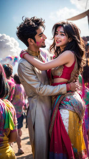 A young Indian couple, dressed in vibrant festival attire, dance joyfully during a colorful Holi celebration, surrounded by swirling clouds of powdered colors and festive music.