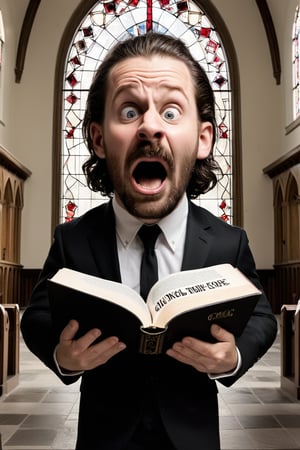 Handsome 20yo mafia crying in a Church, funny facial expressions, holding a bible, open mouth, exaggerated action,praying, 3D character, a little hairy, elongated shape, cartoon style, minimalism, with a text on the book that says "OMG".