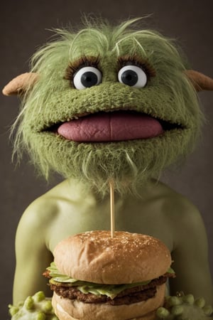 Cuteness overload, close up portrait of adorable swamp monster muppet eating a sandwich, cinematic style