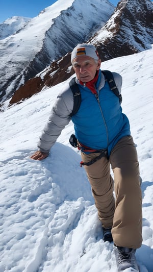 Handsome Older White Mountain Climber: A rugged older white man in his late 50s, wearing high-altitude climbing gear, scaling a snowy peak in the Himalayas.. medium bulge.