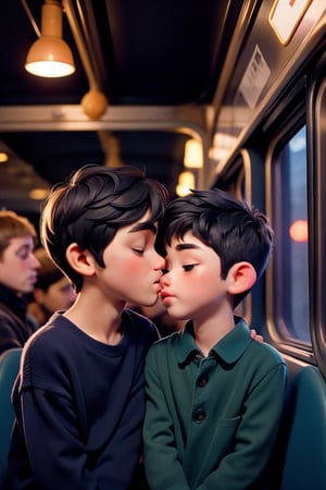 a boy is kissing anothing boy in a train, night light, other passengers are watching from distance.