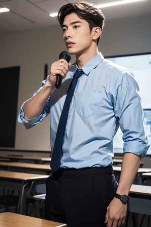 A dedicated handsome 30yo slim fit teacher in a classroom, doing presentation in front of a projection screen while students attentively listen. low-angle front view, full of confidence, masculine pose. bulge.