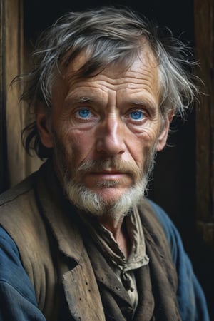 glamour portrait shot (from above:0.5) of poor French 1800 old handsome blue-eyed worker in rags, ((overwhelming fatigue)), wrinkles of age, photorealistic, moody colors, gritty, messy style of Alexey Savrasov, Ivan Shishkin, Ilya Repin, highly detailed,