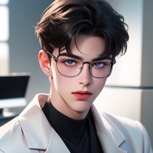 A tall, handsome, male doctor with eyeglasses,  black-haired brunette, Show white coat. The podium. Masterpiece, detailed study of the face, beautiful face, beautiful facial features, perfect image, realistic shots, detailed study of faces, full-length image, 8k, detailed image. an extremely detailed illustration, a real masterpiece of the highest quality, with careful drawing.,SailorStarFighter,SailorStarMaker