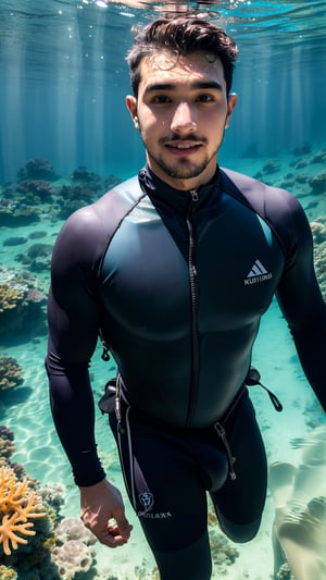 Handsome Young Hispanic Marine Biologist: A passionate young Hispanic man in his early 30s, wearing a wetsuit and snorkel gear, studying coral reefs in the clear waters of the Caribbean. medium bulge.