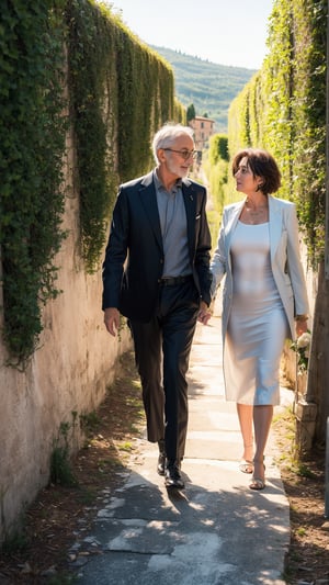 An older Italian couple, elegantly dressed in classic outfits, stroll hand-in-hand through a charming Tuscan vineyard, savoring wine tastings and enjoying the picturesque countryside.