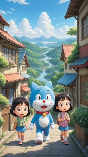2d anime style, Depict Doraemon in a heartfelt farewell scene, standing in a nostalgic, sunlit setting. Doraemon, with a gentle smile and teary eyes, is waving goodbye to Nobita, Shizuka, Gian, and Suneo. The friends are gathered together, visibly emotional, in a beautifully detailed and warm environment reminiscent of their adventures. The backdrop features soft pastel hues and hints of their familiar neighborhood, evoking a sense of bittersweet parting and enduring friendship.
