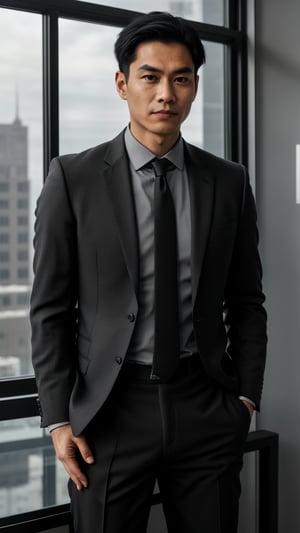 Generate a hyper-realistic image of a young Asian man with short, slicked-back black hair. He is wearing a tailored, charcoal gray suit with a black dress shirt and no tie. His expression is serious yet intriguing, with a slight smirk. His gaze is directed towards the viewer. He is standing in a modern high-rise office, with one hand resting on a glass desk and the other holding a sleek tablet.