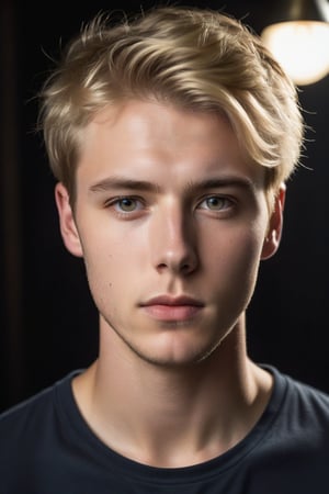high quality, face portrait photo of 25 y.o british blond man, wearing casual outfits, serious face, detailed face, skin pores, cinematic shot, dramatic lighting