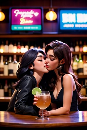 A girl is kissing another girl in a crowded bar, night light, wine and cocktail.