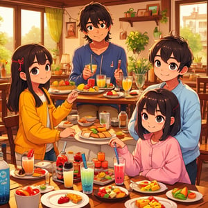 family eat breakfast together, smile , father hold juice 