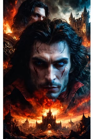 (masterpiece portrayal of movie characters in intimate action), 
best quality,ultra-detailed,High detailed,picture-perfect face, man,manly,black hair,confident,arrogant,long hair,curly hair, glowing blue eyes,fangs,dracula,castlevania,konami,infront of gothic castle,, red and black vampier attire,ornate and intricate,gold trim,belt,epic pose,fantasy,town,draculacastlevania acting like a king, dead people are following him from everywhere. close-up, top-to-bottom view.