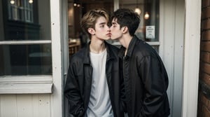 2boys, A handsome 20yo man is walking to a coffee shop. Another cute 16 high school blond boy is kissing each other at the front door. London street. Good anatomy.