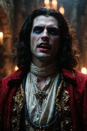 (masterpiece macro portrayal of movie characters in intimate action), 
best quality,ultra-detailed,High detailed,picture-perfect face, man,manly,black hair,confident,arrogant,long hair,curly hair, glowing blue eyes,fangs,dracula,castlevania,konami,infront of gothic church,, red and black vampier attire,ornate and intricate,gold trim,belt,epic pose, mouth open, angry face, exposed fangs. enraged, mouth-open, shouting, yelling.,VAMPL