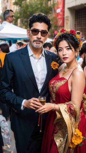 A mature Mexican couple, in colorful traditional clothing, celebrate Day of the Dead at a vibrant street festival, surrounded by elaborate altars, marigold flowers, and festive music.