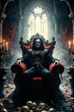 (masterpiece portrayal of movie characters in intimate action), 
best quality,ultra-detailed,High detailed,picture-perfect face, man,manly,black hair,confident,arrogant,long hair,curly hair, glowing blue eyes,fangs,dracula,castlevania,konami,infront of gothic castle,, red and black vampier attire,ornate and intricate,gold trim,belt,epic pose,fantasy,town,draculacastlevania on his gothic throne, onions are hanged on the walls everywhere. waking up from a semi-open coffin, close-up, top-to-bottom view.