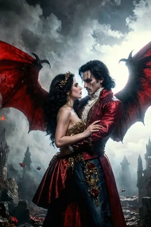 (masterpiece portrayal of movie characters in intimate action), 
best quality,ultra-detailed,High detailed,picture-perfect face, man,manly,black hair,confident,arrogant,long hair,curly hair, glowing blue eyes,fangs,dracula,castlevania,konami,infront of gothic castle,, red and black vampier attire,ornate and intricate,gold trim,belt,epic pose,fantasy,town. 

Psiche. the mythological figure Psiche being embraced by her evil lover, Dracula. Psiche is portrayed as a delicate and ethereal woman with delicate wings, while Dracula is depicted as a strong and alluring figure with a bow and arrow. Dracula is opening his mouth and biting Psiche's neck.

The background showcases an enchanting garden with flowers and foliage, creating an atmosphere of eternal beauty and romance.