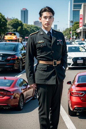 solo, male focus, 1boy, handsome japanese officer, armed forces, masculine pose, in the middle of traffic, a lot of cars, tokyo, shot by eos d5 canon mark IV, Full body shot::2, cinematic shot, the most handsome man ever, shot from movie, cinema composition shot, professional color grading, epic volumetric lighting, sharp focus, film grain, high dynamic range, atmosphere, majestic, masterpiece, day –ar 4:5 –v 5.1 –s 750,realistic hands