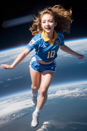 photorealistic,high detail,hyper quality,high resolution,solo,realistic,ultra resolution image,(Wavy hair:1.4),((a 10 years old cute blond blue-eyed girl)),chubby face,real skin,black_hair,smile,perfect light,sport uniform,full_body,(in the space,flying over the earth),wind,