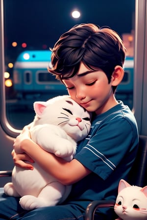 A boy is hugging one fat blushing cat, sleeping in a train, with other boys, night light, summer.