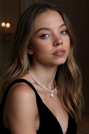 A classic portrait of Sydney Sweeney, with a monochrome background and soft lighting that enhances the delicate features of her face. She is wearing a black velvet dress, with a neckline that highlights the rounded shape of her breasts, and a pearl necklace that complements the look. The makeup is classic and elegant, with a dark red lipstick, voluminous mascara and soft brown eyeshadow.  The image has a Renaissance painting style, with a focus on beauty and elegance. 