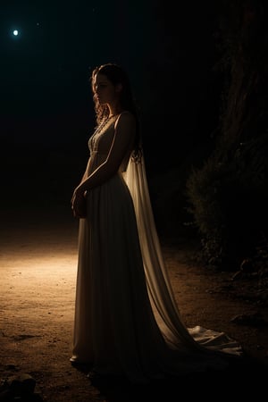 hyperrealistic image of Kristen Stewart in a mysterious and mystical setting. She is wearing a long, flowing dress, and her eyes shine in the dim light. The lighting is intriguing, with reflections of the moon or sun creating a magical effect. The image has a cinematic quality, with a surreal aesthetic and realistic details. 