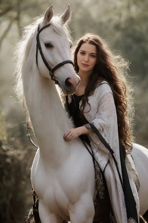 A dramatic, hyperrealistic image of n4th4l4d1ll,  riding a majestic white stallion through a misty forest.  She is dressed in a flowing black gown, adorned with silver jewelry and intricate lace. Her face is pale, and her dark eyes gaze intensely as she holds the reins. The horse's mane flows in the wind, creating a dynamic and powerful image. The forest is bathed in a soft, ethereal light,  casting long shadows across the ground. Render the image with a focus on detail, light, and shadow,  capturing the elegance of the horse and the enigmatic aura of n4th4l4d1ll.  Focus on the slight sway of the horse's back as it moves, and the way n4th4l4d1ll's gown flows around her. 