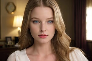 Rachel Nichols as "Angela" in a scene from the movie "P2", where she is sitting at a Christmas dinner table, wearing the simple white dress from the movie. Her light hair is loose, and the scene lighting is soft, with warm and pleasant tones. Her blue eyes shine with an expression of discomfort and fear, enhanced by a neutral eyeshadow and a stroke of black eyeliner on the upper eyelid. Her lips are lightly painted with a light pink lipstick. The image should be realistic, with a focus on the details of the scene from the movie and the atmosphere of tension. The image resolution is extremely high, capturing every detail of her look and the atmosphere of the movie. 