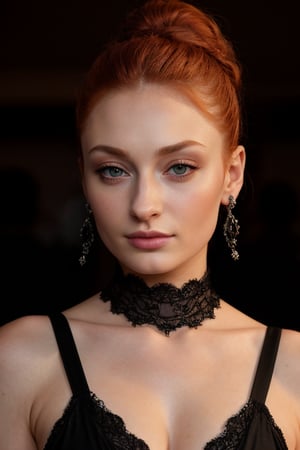 hyperrealistic image of Sophie Turner at a night gala, wearing a black gala dress, with a deep neckline and lace details. She is wearing a diamond necklace and earrings, with an elegant and sophisticated look. Her red hair is styled in an elegant high bun, with a few loose strands framing her face. The lighting is from a gala party, with bright lights and dramatic shadows. 