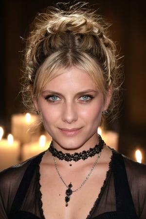 Blonde Melanie Laurent is in a gothic setting, with dark stone walls, candlelight, and cobwebs. She is wearing a black lace dress with velvet details, a silver necklace, and gothic makeup, with dark smoky eyes, dark red lipstick, and black eyeliner. Her hair is in a gothic hairstyle with curls and bangs. The image is in a gothic style, focusing on the actress's look and the dark atmosphere of the setting. The resolution of the image should be high, focusing on the sharpness and details of the clothing and makeup. 