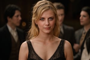 Melanie Laurent, as Shoshanna Dreyfus, in a tense moment in the film "Inglourious Basterds", during the scene where she is in the cinema with an angry expression. She is wearing a low-cut black dress and natural makeup. The lighting is dim, with contrasting shadows. The image should have a cinematic style, focusing on the actress's expression and the tense atmosphere of the scene. The resolution of the image should be high, focusing on the sharpness and details of the clothing and the actress's expression.