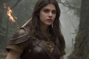 Alexandra Daddario as Annabeth Chase in "Percy Jackson & the Olympians: The Lightning Thief", wearing the character's medieval brown leather outfit. The image should have an epic style, focusing on Alexandra's expression and the setting of the demigod camp. 