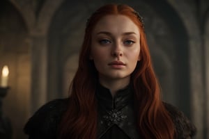 hyperrealistic photo of Sophie Turner in a scene from "Game of Thrones",  with  focus  on  her  character  Sansa  Stark. The  image  has  a  cinematic  style,  capturing  the  essence  of  the  scene  and  the  story  of  "Game  of  Thrones",  with  a  touch  of  realism  and  dramatic.