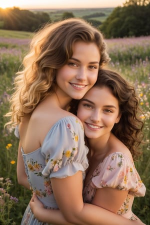 busty brunette girl with soft curls, gentle smile, lost in the eyes of the blonde girl, sunlit face, close embrace, warmth radiating, golden hour glow, hand on cheek, slight blush, floral dresses, tranquil meadow, wildflowers swaying, pastel skies, essence of love, pure connection, tender emotions, shot sizes: close-up