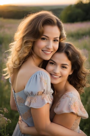 busty brunette girl with soft curls, gentle smile, lost in the eyes of the blonde girl, sunlit face, close embrace, warmth radiating, golden hour glow, hand on cheek, slight blush, floral dresses, tranquil meadow, wildflowers swaying, pastel skies, essence of love, pure connection, tender emotions, shot sizes: close-up