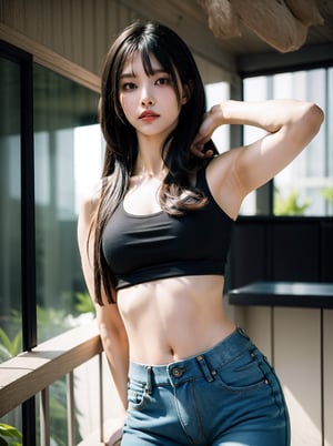 1girl, solo, long hair, breasts, looking at viewer, bangs, shirt, black hair, navel, medium breasts, upper body, midriff, pants, indoors, blunt bangs, mole, black eyes, lips, crop top, tank top, , shirt, jeans, realistic,Leggings