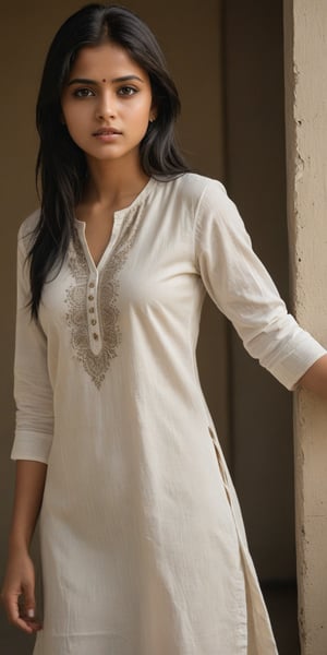 ((top quality)), ((masterpiece)), Standing young Indian girl with a touch of punky, In a white kurta top , black shaded eyes, black hair, full-length_portrait, highly detailed light brown eyes, highly detailed mouth, cinematic image, illuminated by soft light, photo of perfect eyes, full_body