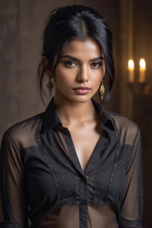 ((top quality)), ((masterpiece)), far portrait of a young gothic Indian girl with a  touch of punky, ((front view,)) With a black unbuttoned shirt, black shaded eyes, black hair, intricate details, highly detailed body, cinematic image, illuminated by soft light, photo of perfect full body