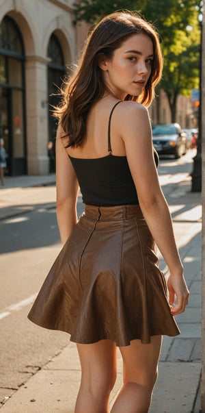 A 21-year-old woman walks confidently outside on a sun-kissed day. The camera captures her from the side and rear views, showcasing the skirt's texture and the way it hugs her curves. Earthy tones dominate the frame, with warm lighting casting a flattering glow. Her figure is accentuated by the cinematic composition, with the leather skirt taking center stage, prefect eyes.